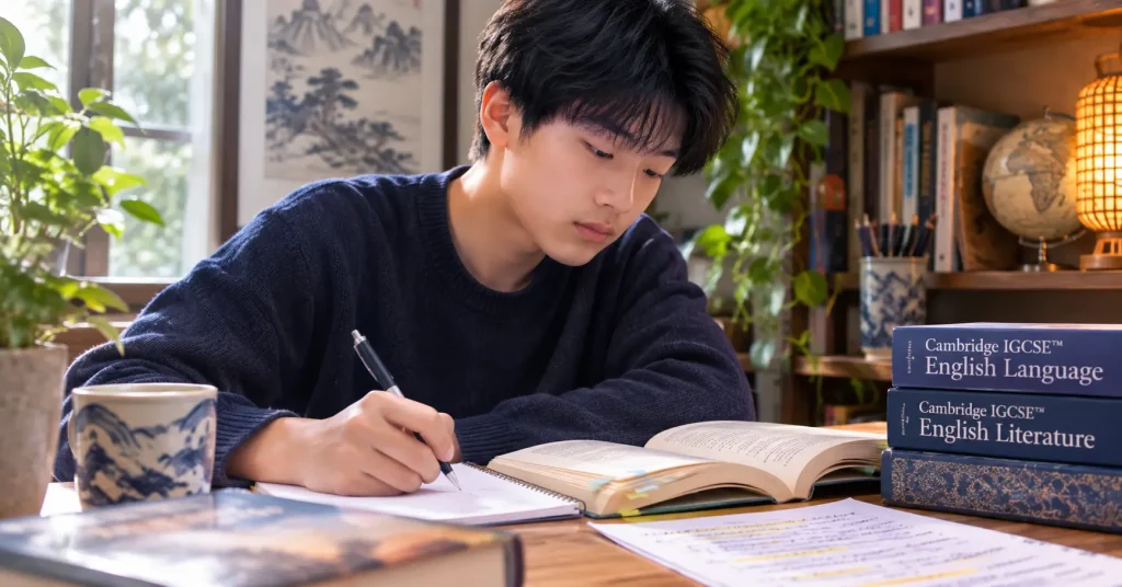 Student studying for Cambridge IGCSE English with books, notes, and a focused learning environment.