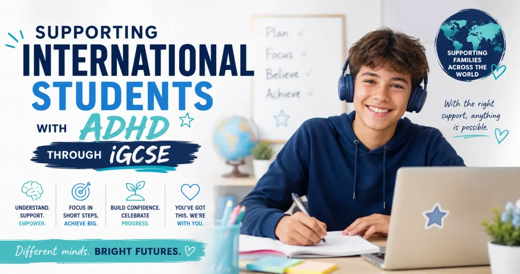 Smiling international student with ADHD studying confidently for iGCSE exams during an online lesson, highlighting supportive, structured learning that builds confidence, focus and academic success.