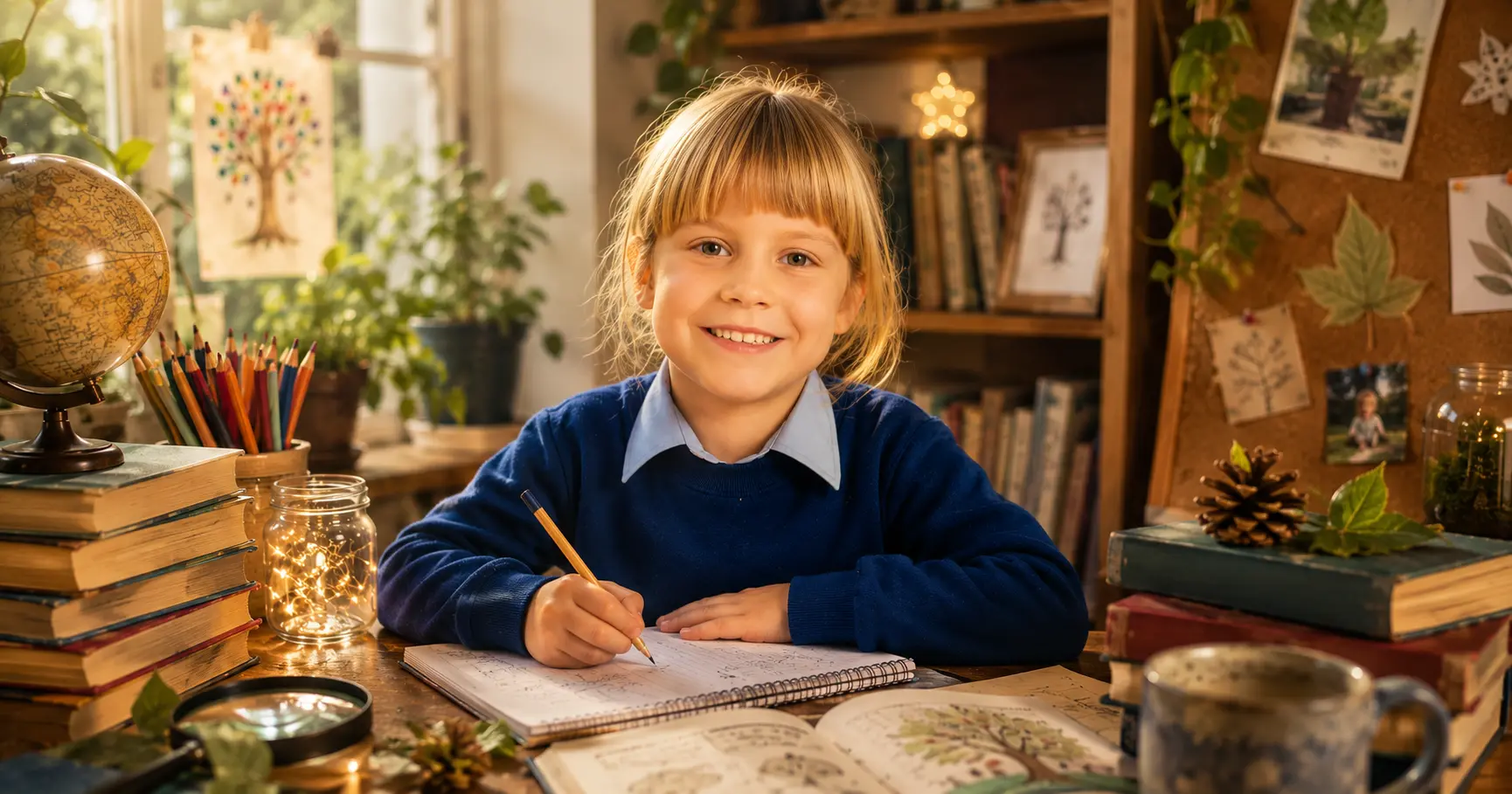 A smiling young student in a blue school jumper sits at a wooden desk, writing in a notebook surrounded by books, coloured pencils, a globe, and nature-themed objects. The warm, sunlit room features houseplants, botanical illustrations, a corkboard with leaves and photos, and soft fairy lights, creating a cosy, curiosity-filled learning environment inspired by nature and discovery.