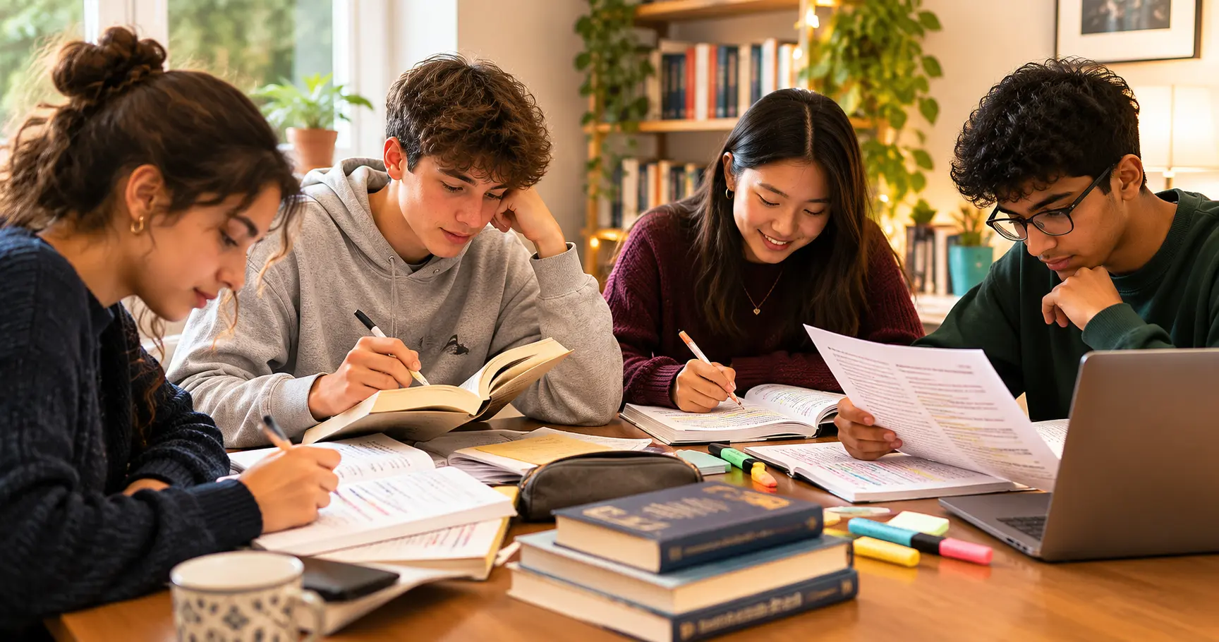 Teenage students revising for GCSE and iGCSE exams together using textbooks, notes and a laptop, illustrating focused secondary school learning and academic support.