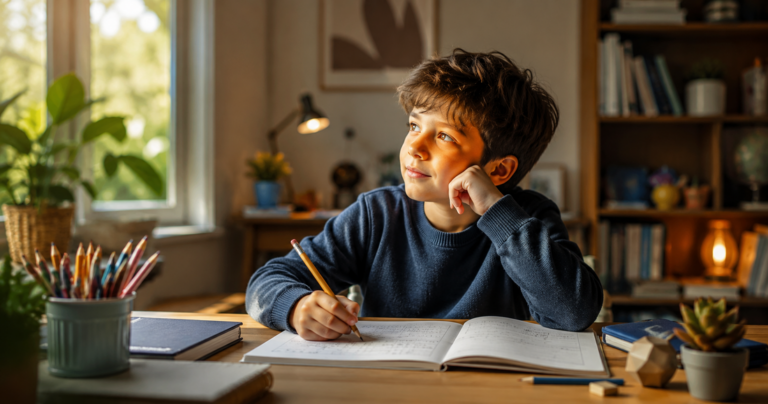 Child sitting at a desk ready to begin a learning activity, representing ADHD task initiation, focus and confidence in a calm study environment.
