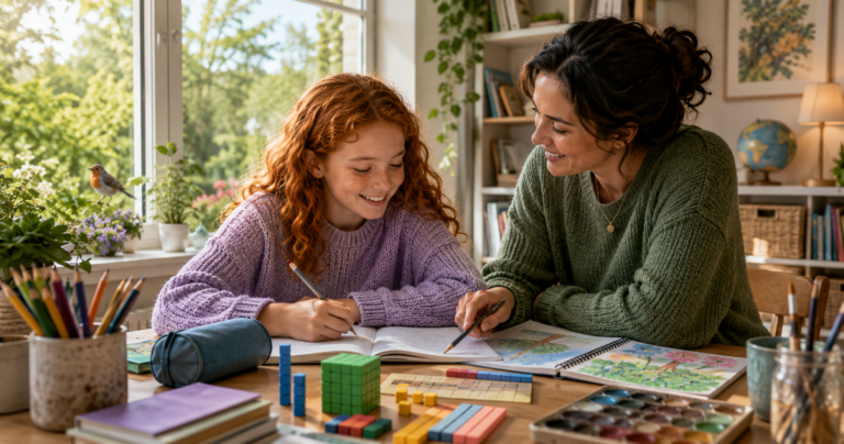 Student receiving personalised one-to-one tuition with a private tutor in a welcoming learning environment, using practical resources to develop confidence and academic skills.