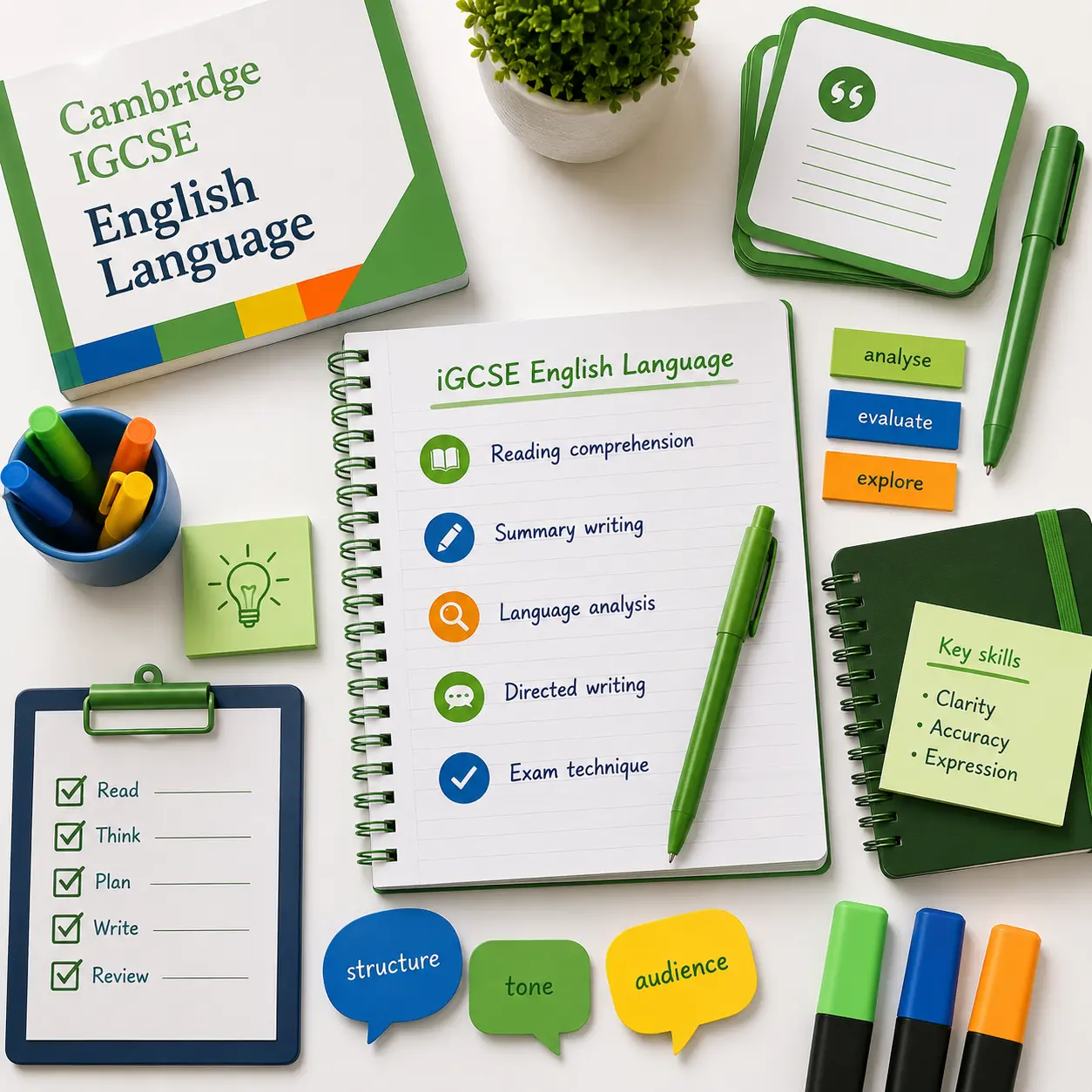 iGCSE English Language tutoring resources featuring reading, writing, language analysis and exam technique skills.