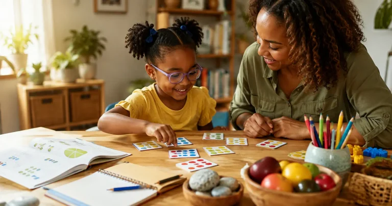 Child completing a colourful number matching activity with an adult to strengthen maths vocabulary and problem-solving skills.