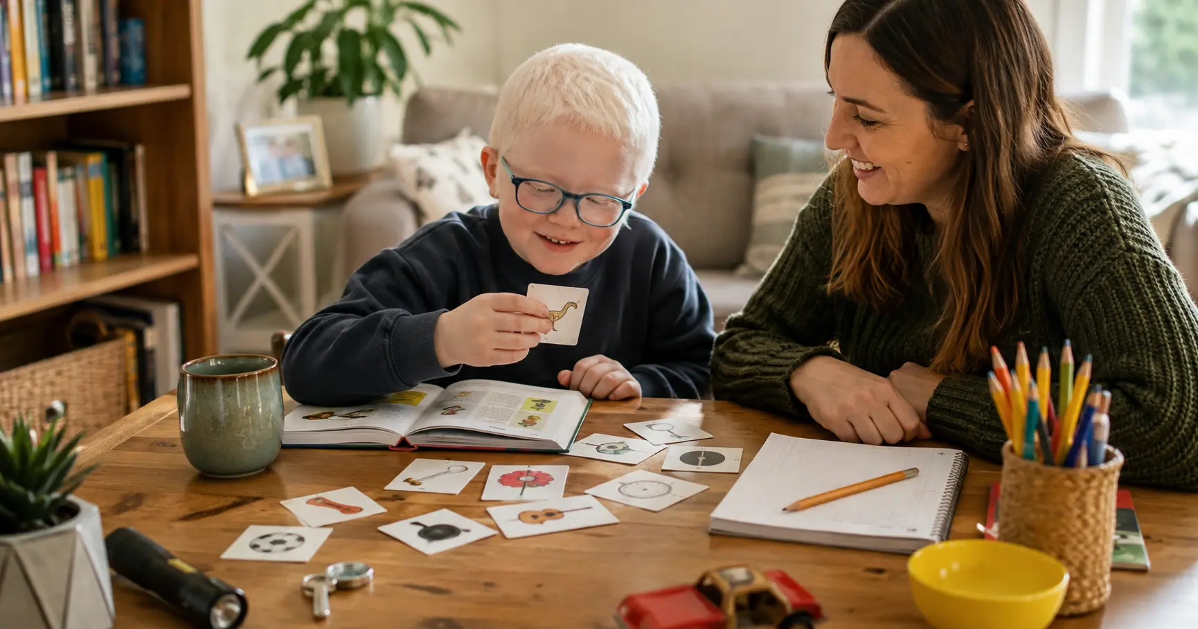 Child matching picture vocabulary cards with an adult during an engaging home learning activity to develop language and communication skills.