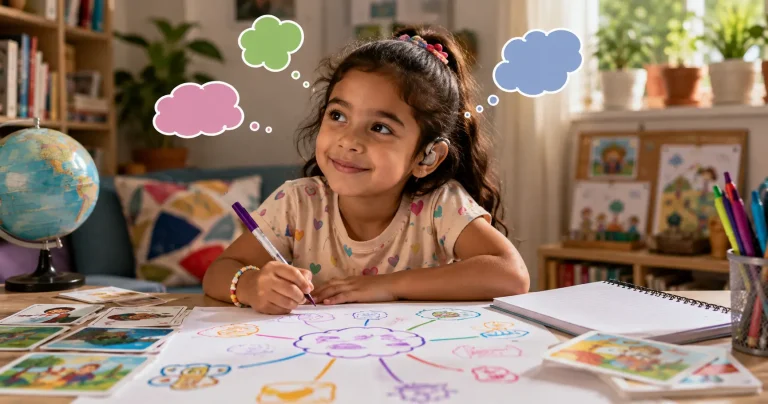 Young girl creating a colourful mind map while writing and organising her ideas at home.