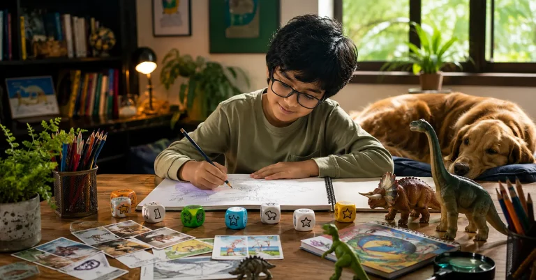 Child creating an imaginative story at a desk with storytelling dice, sketchbooks, dinosaur toys, playing cards, coloured pencils, and a pet dog resting nearby in a warm, inspiring learning space.