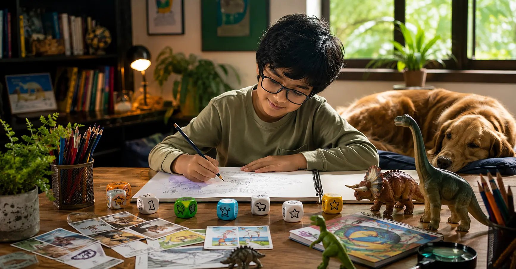 Child creating an imaginative story at a desk with storytelling dice, sketchbooks, dinosaur toys, playing cards, coloured pencils, and a pet dog resting nearby in a warm, inspiring learning space.