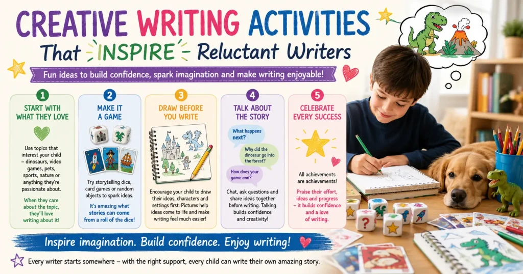 Colourful infographic showing creative writing activities that help reluctant writers build confidence through play and imagination.