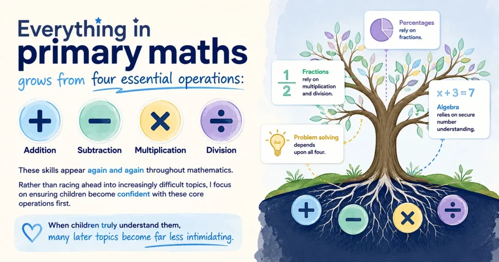 Illustration showing how all areas of primary maths grow from the four operations: addition, subtraction, multiplication and division, with a tree linking these skills to fractions, percentages, algebra and problem solving.