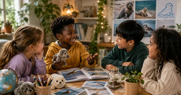 Happy child sharing his special interest in seals with a diverse small group of children during a warm, collaborative learning activity.
