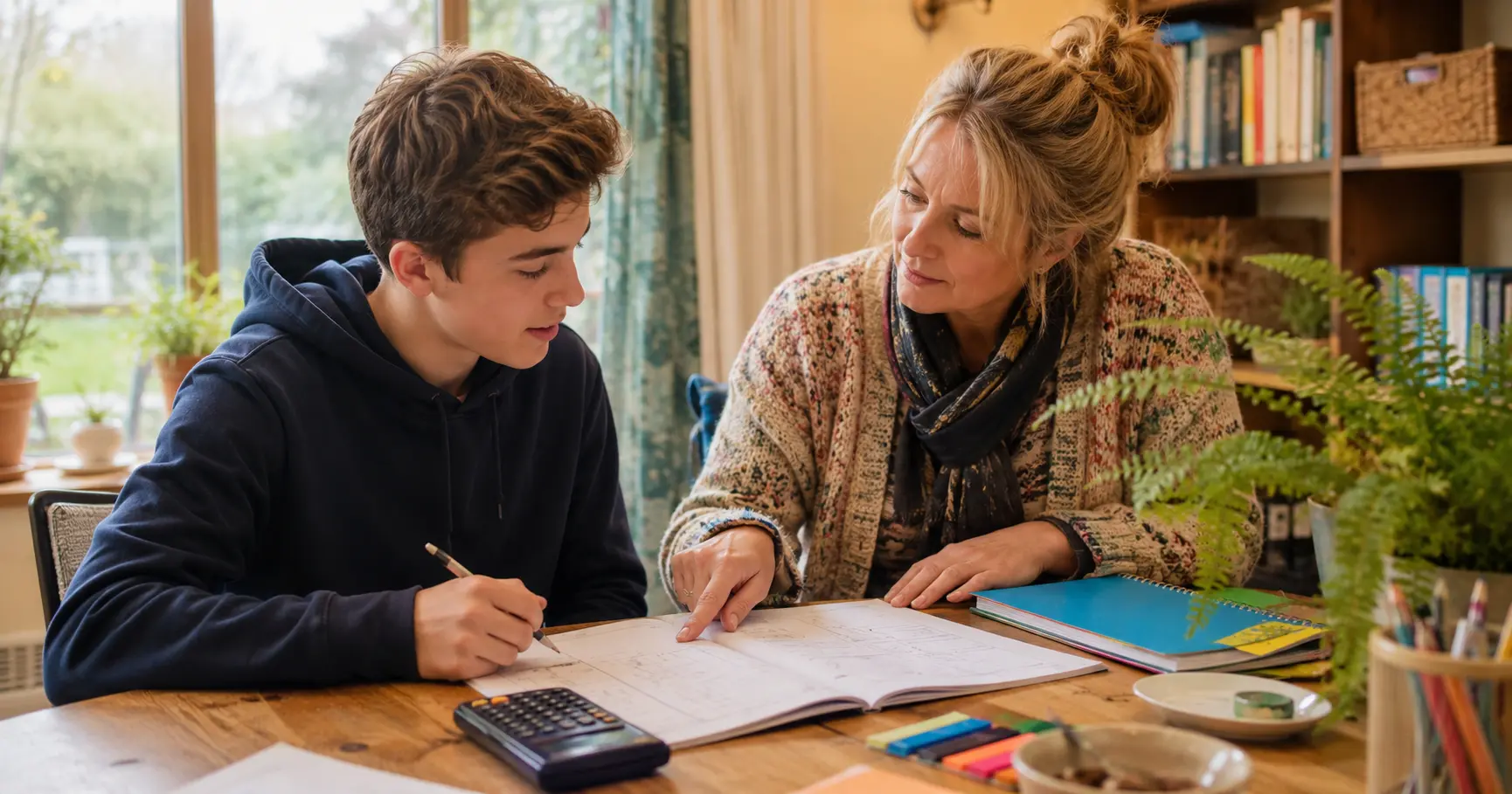Home-educated teenager receiving personalised English and maths tuition from a female SEND specialist tutor in a warm home learning environment.