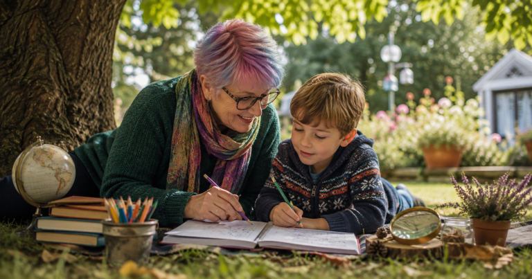 Grandparent and young child learning together outdoors under a tree, using pencils and an open workbook.