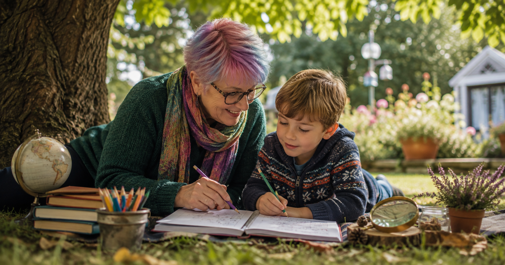 Grandparent and young child learning together outdoors under a tree, using pencils and an open workbook.