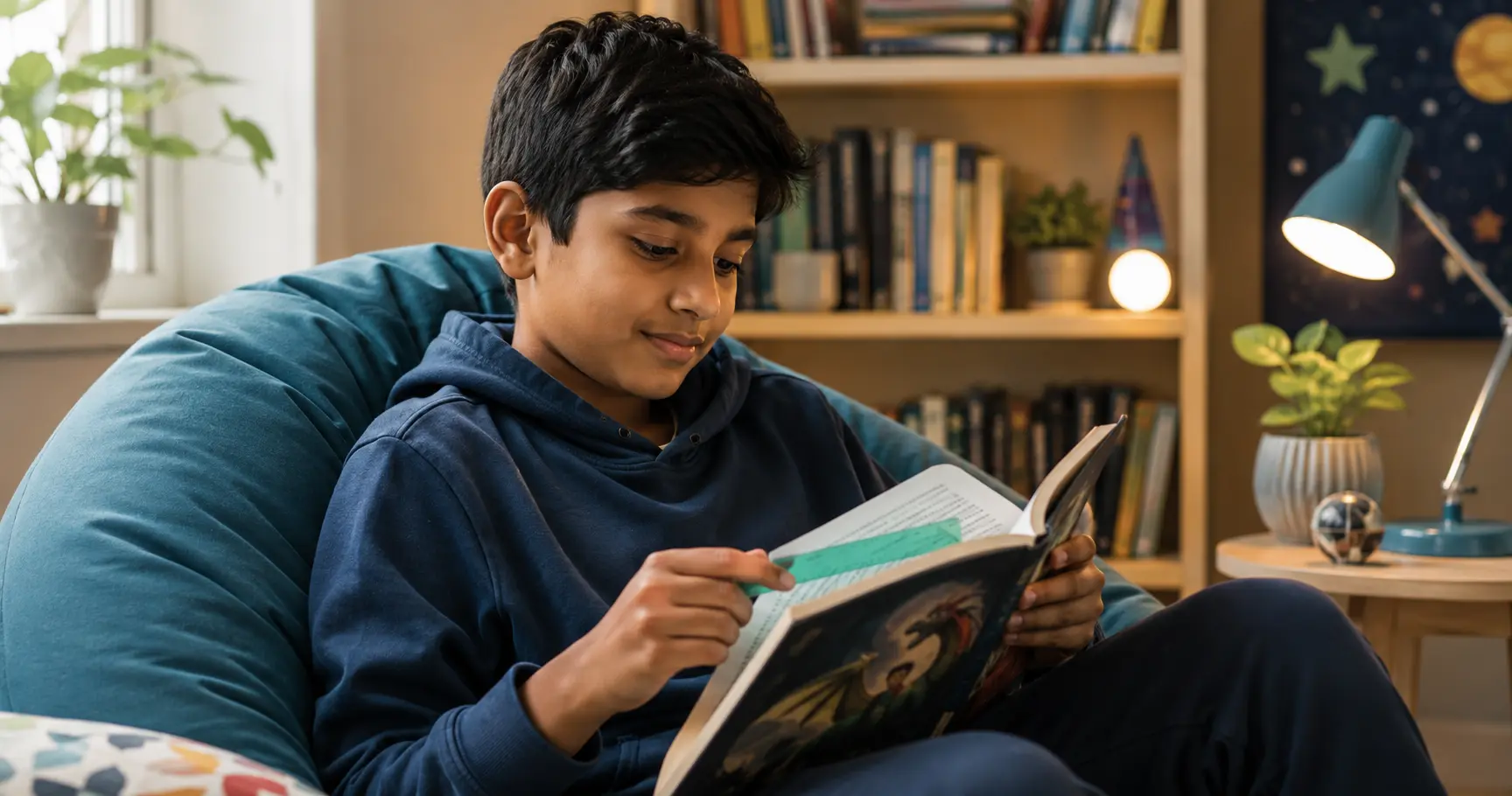 Child reading independently with a tinted overlay to develop vocabulary, comprehension and a lifelong love of books.