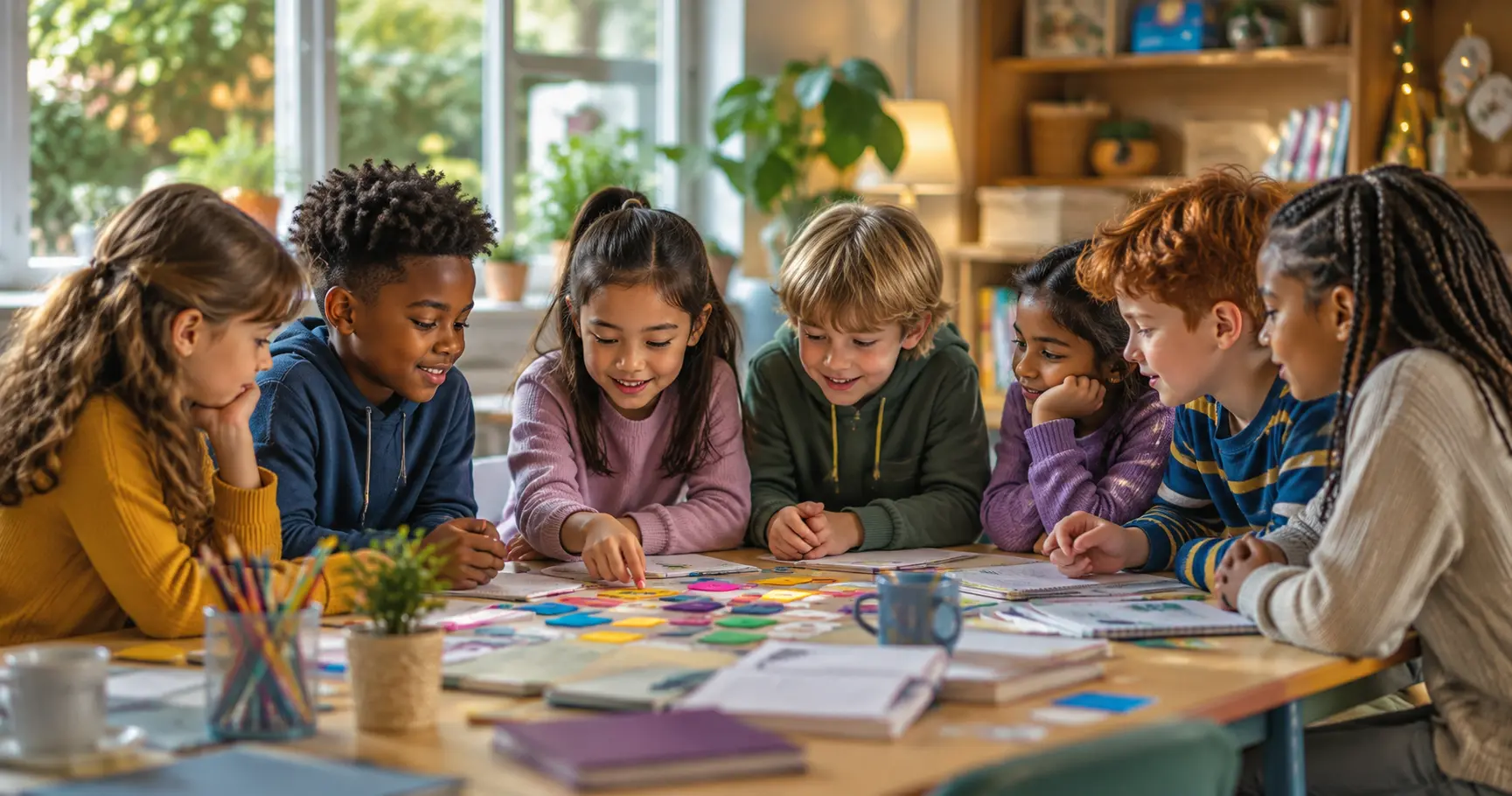 Children working together on an interactive vocabulary game that encourages discussion, teamwork and language development.