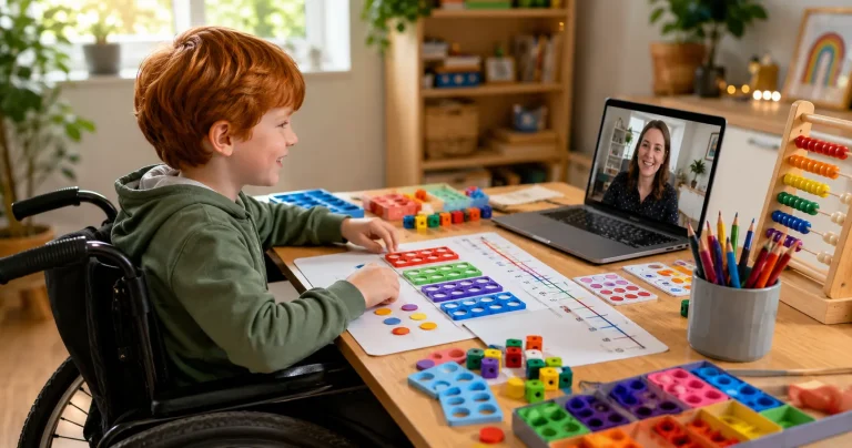 Primary-aged child using colourful Numicon, cubes, counters, ten frames, number cards and a number line while learning maths online with a smiling tutor in a bright, welcoming home learning space.