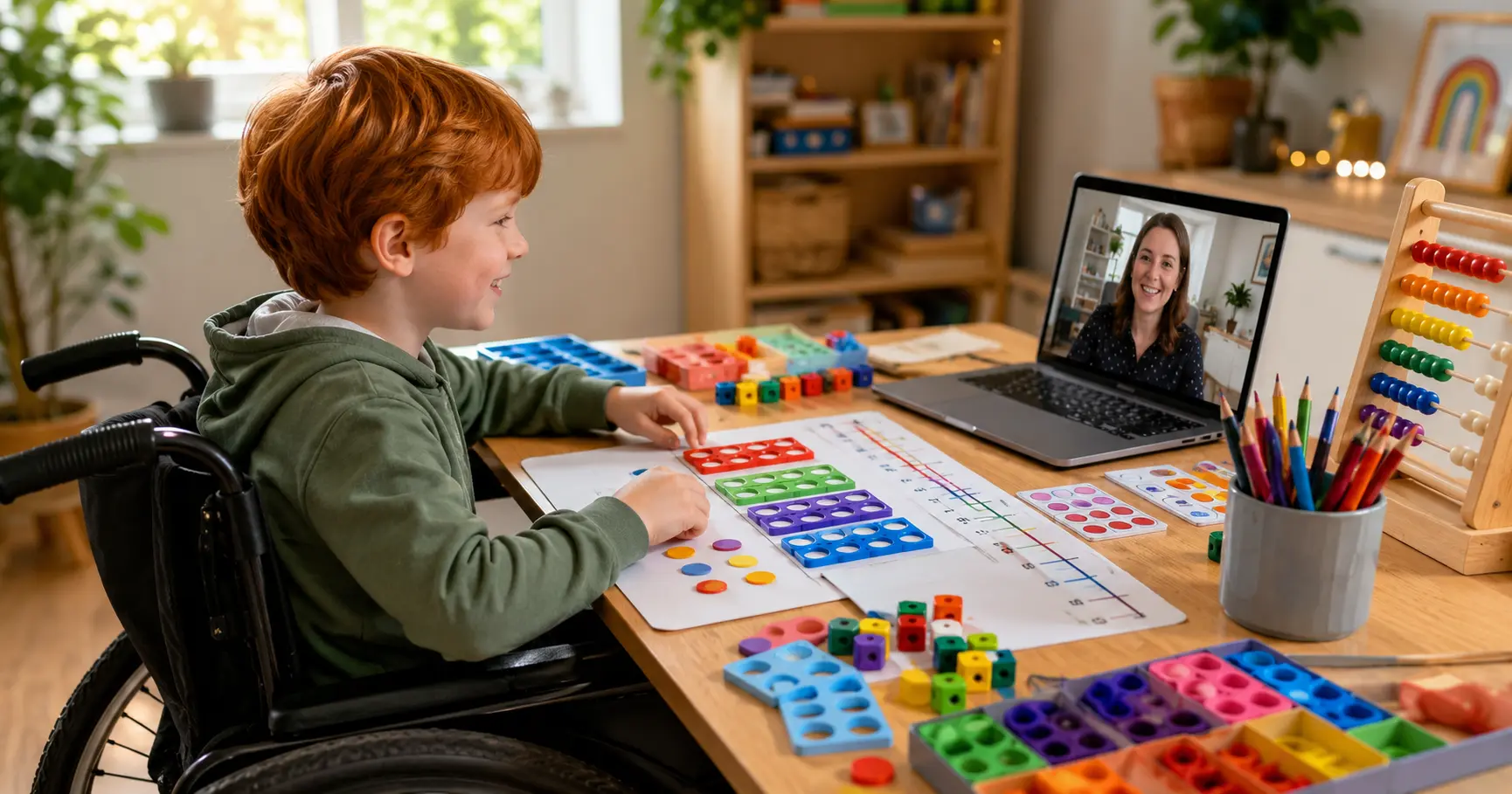 Primary-aged child using colourful Numicon, cubes, counters, ten frames, number cards and a number line while learning maths online with a smiling tutor in a bright, welcoming home learning space.