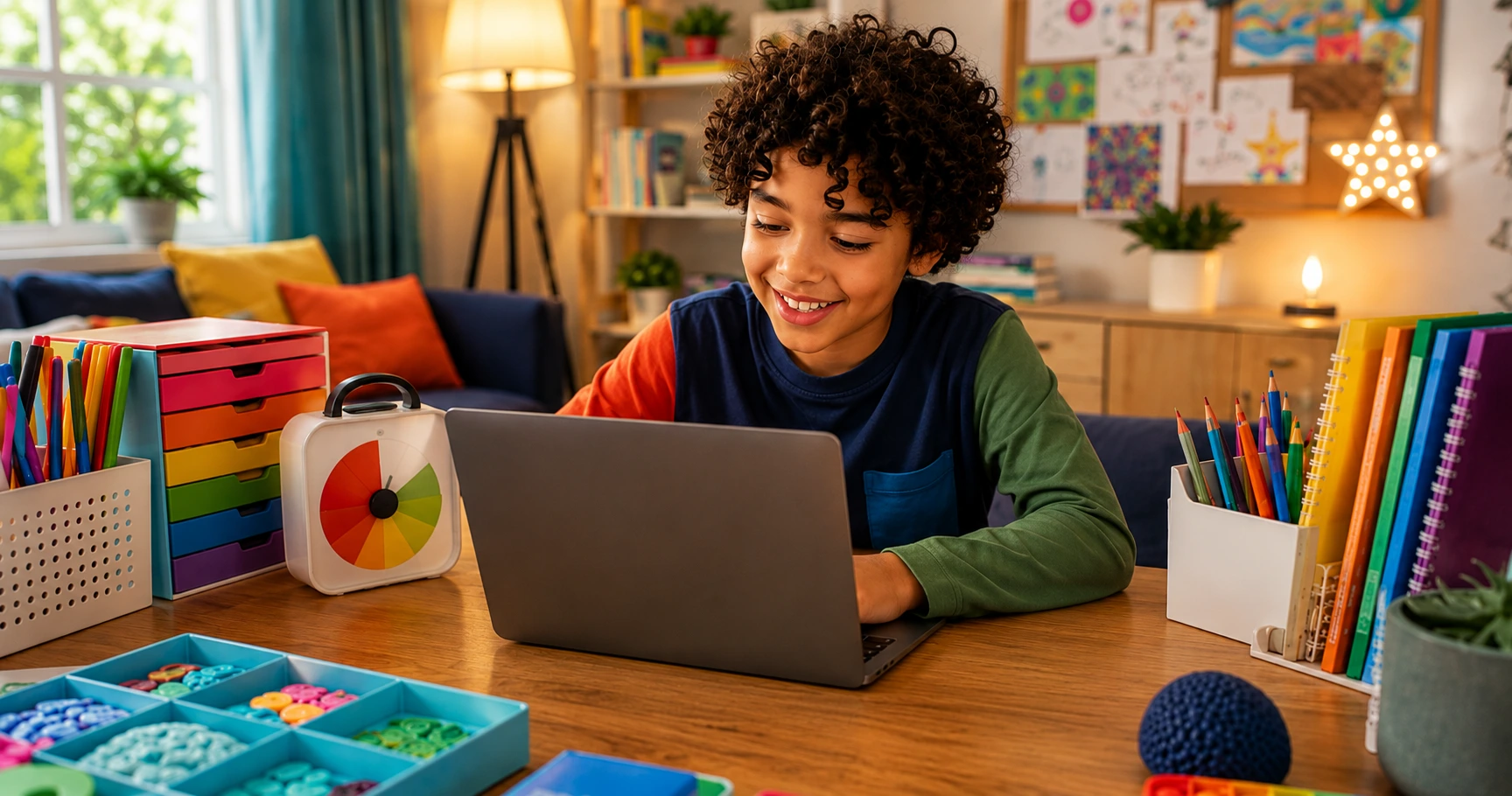 Young boy using a laptop for an engaging online lesson in a colourful home learning environment.