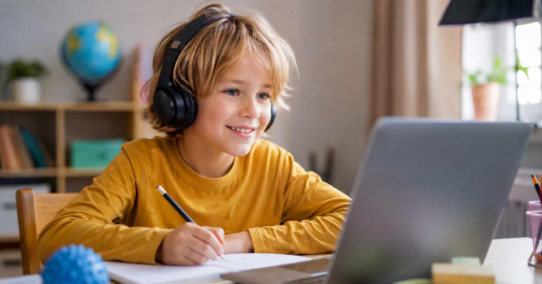 Child wearing headphones and working with a tutor online at a laptop from home.