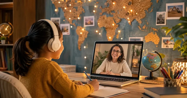 A child taking part in personalised online tuition from home, working with a tutor on a laptop. The session highlights supportive international teaching, with a world map, globe and travel photographs creating a welcoming global learning environment.