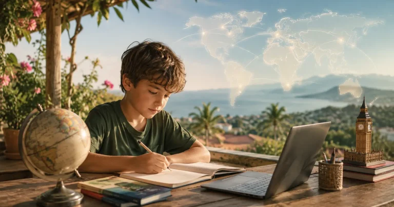 A child studies at an outdoor desk with books, a globe and a laptop overlooking a coastal landscape, with a glowing world map symbolising online British curriculum learning for families living overseas.