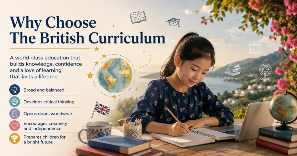 Young student studying online with the British Curriculum, writing in a notebook beside a laptop, with educational icons and a globe representing international learning.